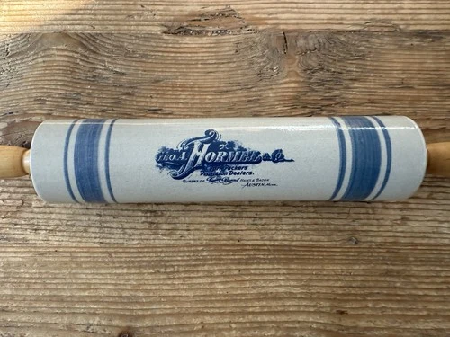 Hormel & Co.  Red Wing Pottery Ceramic Rolling Pin White Blue Stripes