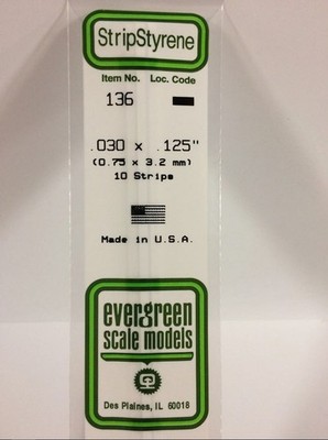 Evergreen 136 Plasticcart Strip 0,75x3,2x350mm (10) Polystyrene Vierkantprofile