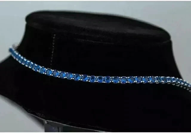 Collar Corte Redondo Zafiro Azul Creado en Laboratorio Chapado en Oro Blanco 14K 20" 8 mm Foto 3 de 4