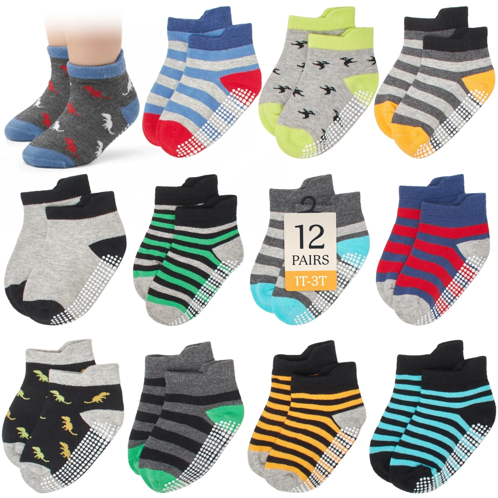 CozyWay Baby & Toddler Socks with Grippers 1T-3T, Gray / Yellow Multicolor
