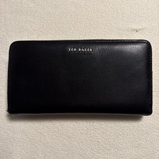Ted Baker Black Genuine Leather Zip Around Bifold Wallet Purse Clutch Card bag