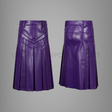 Men  s Purple Leather Utility Kilt Pleated Gothic Punk Biker Skirt Adjustable