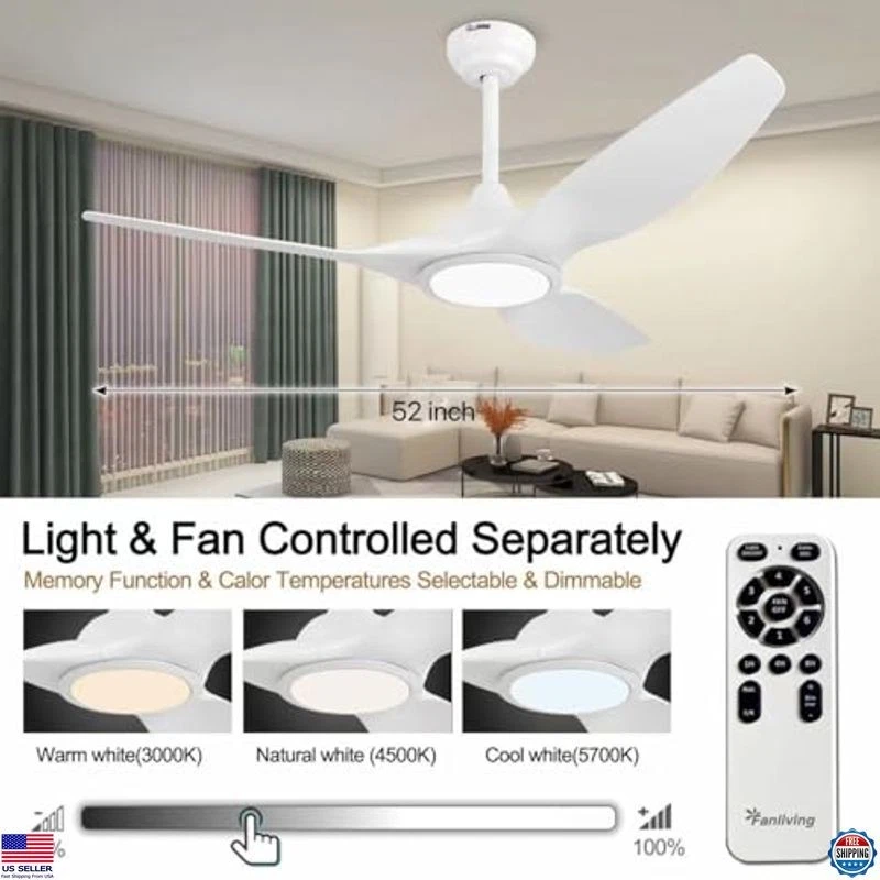 52" Quiet DC Motor Ceiling Fan with Light & Remote Control, 3 Blades, Indoor - Image 4 of 4