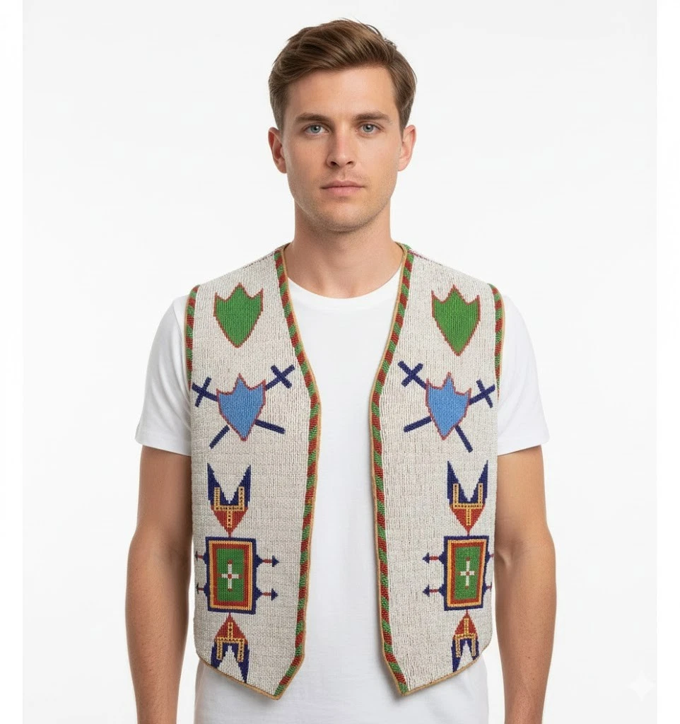Vintage Beaded Powwow Vest Mens Cream Western Boho Shield Motif Green Trim