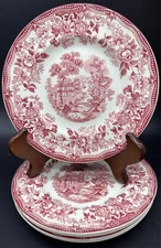 ANTIQUE ROYAL STAFFORDSHIRE BREAD BUTTER PLATE TONQUIN RED TRANSFERWARE SET 5
