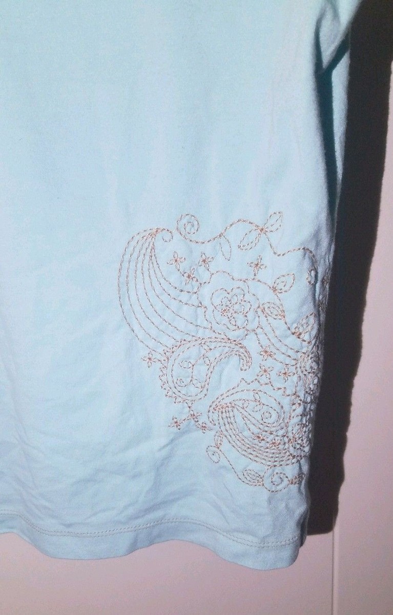 Chemise Brodée CHICO'S - Taille 1 - Turquoise/Aqua - Manches Courtes - 95% Coton - Occasion Très Bon état