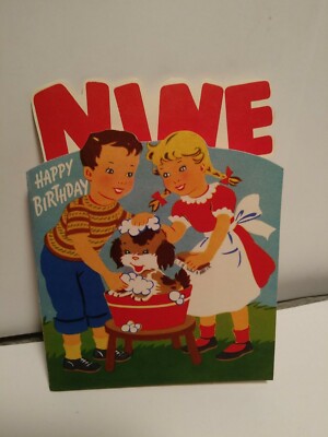 1940s-ish Wishing Well Greetings Birthday Card Boy Girl Washing Dog Cute Mp 642