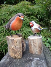 FairTrade Hand Carved Made Wooden Robin Goldfinch Garden Bird Ornament Sculpture