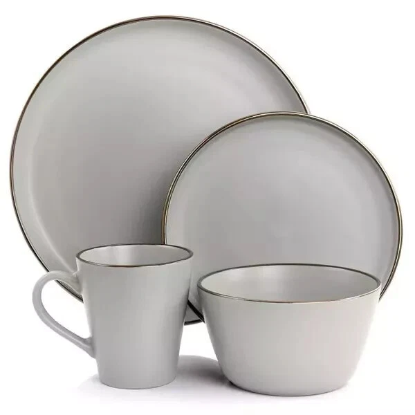 Elama Louis 16 Piece Stoneware Dinnerware Set in Matte Slate with Gold Rim - Image 2 of 4