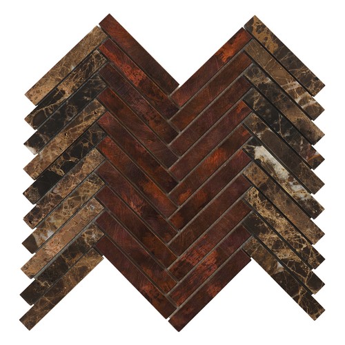 Brown Antique Copper Color Metal Emperador Chevron Style Herringbone Backsplash - Picture 7 of 21