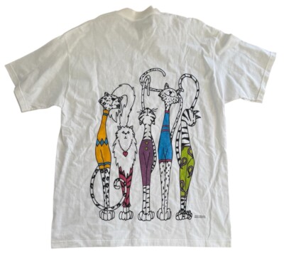 Vintage Cat Art Graphic T-Shirt White Double Sided XL Abstract | eBay