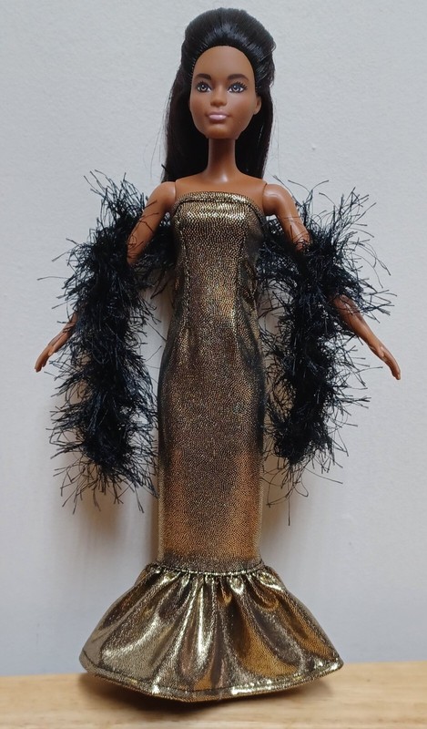 Barbie 11 1/2" Doll Clothing Gold Metallic Evening Gown and Black Boa