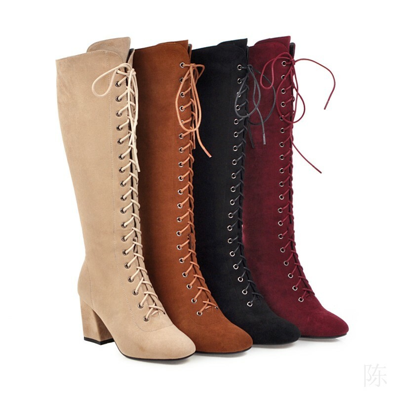 Women's Lace-up Knee high Boots Square Toe Suede Block Heel Shoes Side Zip  US 12 | eBay