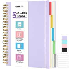Spiral Notebook 8.5" x 11", 5 Subject Notebooks College Ruled with Removable ...