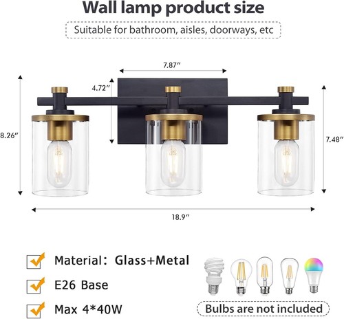 3 Light Bathroom Vanity Light Fixtures, Modern Black and Gold Vanity Lights Over - Picture 3 of 7