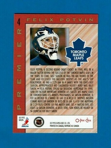 1992-93 O-PEE-CHEE Premier TOP ROOKIES Insert # 4 Felix Potvin MAPLE LEAFS - Picture 3 of 3