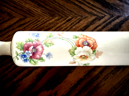 Vintage Harker China Mallow Pattern Rolling Pin, Harkerware Hollyhocks Floral - Picture 2 of 4