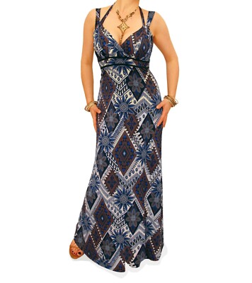 Neues Maxikleid dunkelblau und mokka Aztekenmuster