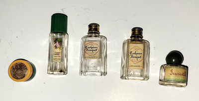 5 Vintage Miniature Perfume Bottles-Cashmere Bouquet-More-2 Bakelite Catalin