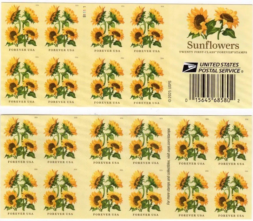 2026 USPS Sunflowers Booklet of 20 First Class Letter Postage Stamps 78 cents