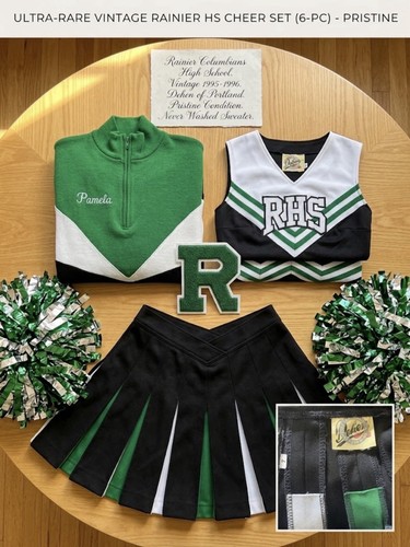 Vintage 1995 Rainier High School Dehen Cheerleading Uniform Set W/ Metallic Poms