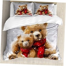 Christmas Duvet Cover Set, Classic Oil Paint Look Bear Family in Snowy