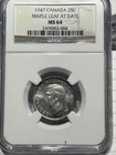 Canada 1947 Silver 25 Cents Maple Leaf NGC MS 64 Nice Toning