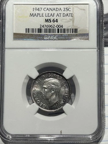 Canada 1947 Silver 25 Cents Maple Leaf NGC MS 64 Nice Toning