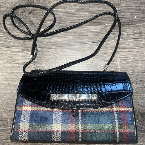 Brighton Vintage Holiday Tartan Plaid & Black Croc Embossed Leather Clutch Bag