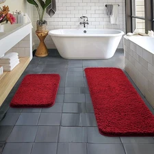 Christmas Red Microfiber Bathroom Rugs and Mats Sets 2 Pieces Extra Thick Non...