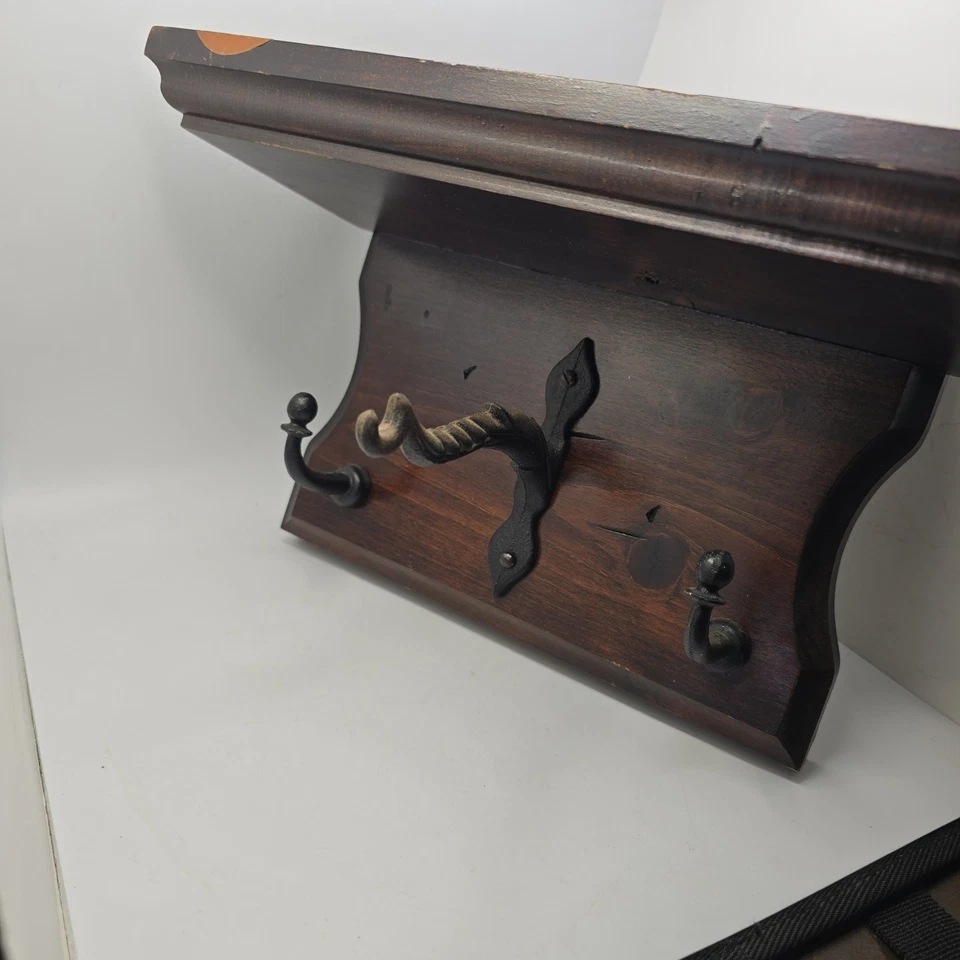 Vintage Wooden Wall Coat Hat Rack Shelf Cast Iron Hooks Foyer Hall Dark Wood - Image 3 of 4