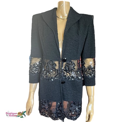 Janine of London Formal black Vintage Crepe Jacket Sheer Lace Sequin Accent M