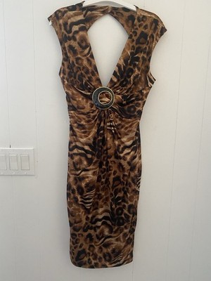 Joseph Ribkoff Leopard Print Sheath Dress Sz 6 Ring Detail V-Neck Open Back Y2K