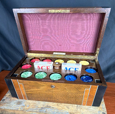 Vintage B Altman Co Inlaid Wood Poker Chip Set Box Antique Catalin? Bakelite?