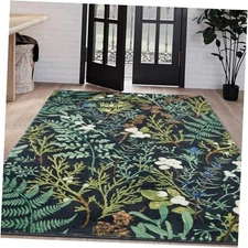 Ultra Thin Botanical Floral Rug 5x7 Washable, Cute Black Green Vintage 