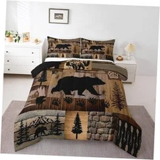  Farmhouse Bear Bedding Set Rustic Cabin Wooden Full Yellow Brown Black