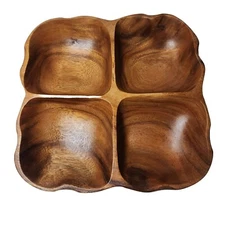 10" Square Wood Serving Dish 4 Sections Appetizer Tray Hand Crafted Philippines 
