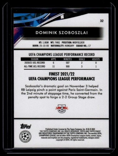 2021-22 Topps Finest UEFA Champions League #32 Dominik Szoboszlai - Picture 2 of 2