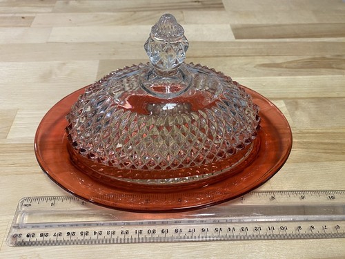 Vintage Indiana Glass Ruby Red Flash Diamond Point Lg. Oval Covered Butter Dish - Picture 8 of 13