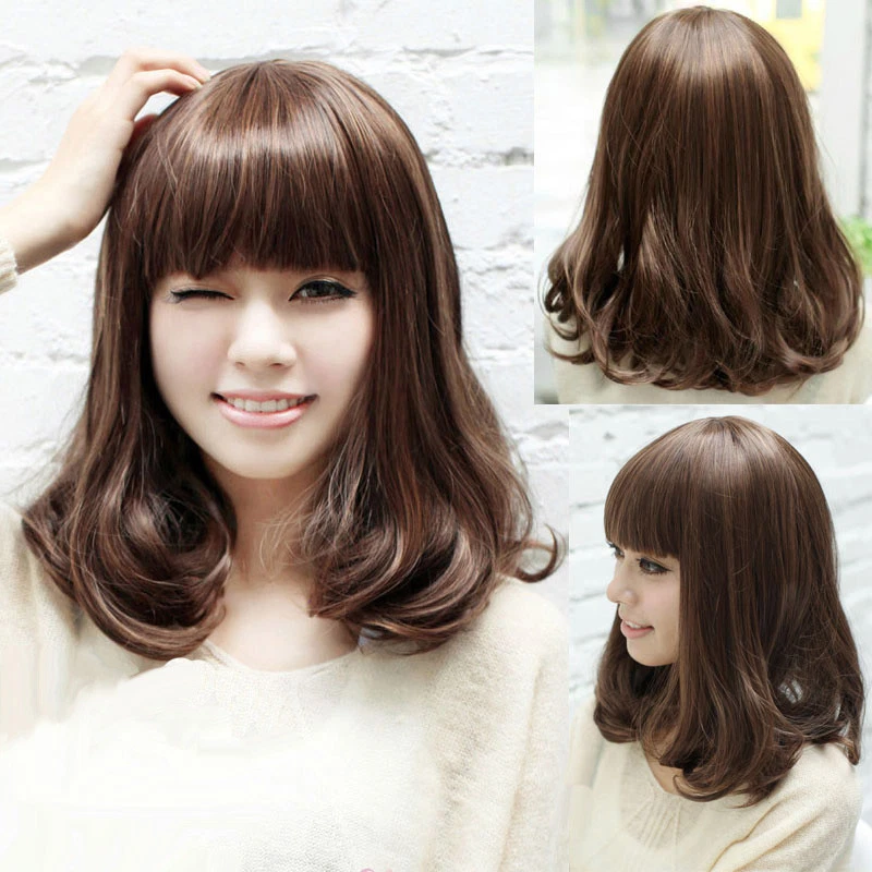 Peluca de pelo mediana larga marrón recto desplazamiento ondulado pulcriado flequillo mujeres niñas + gorra Foto 2 de 4