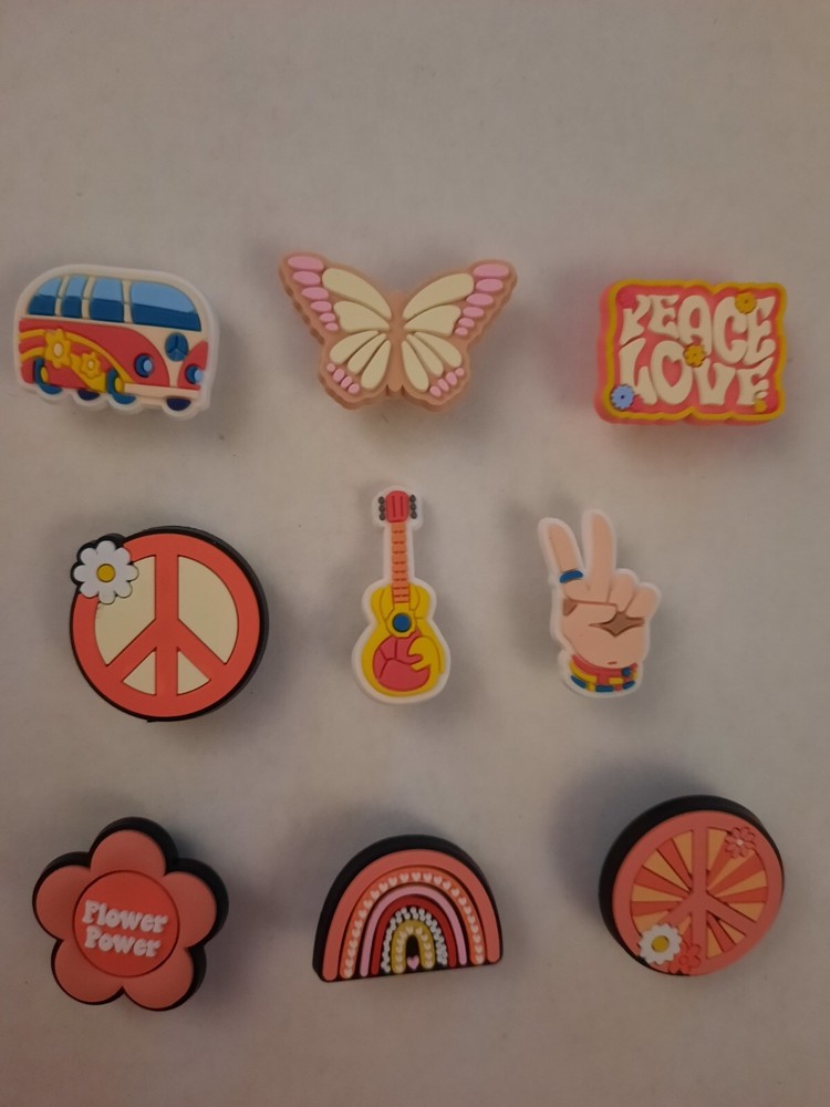 9pc Hippie Peace Love Shoe Charms for Crocs Girls Accessories