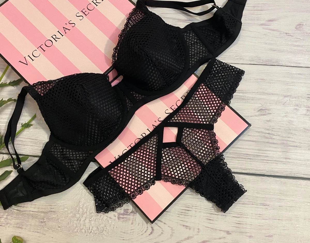 Victoria's Secret Luxe Lingerie Fishnet Lace Push-up Bra Set Black 34DD 36D  38D