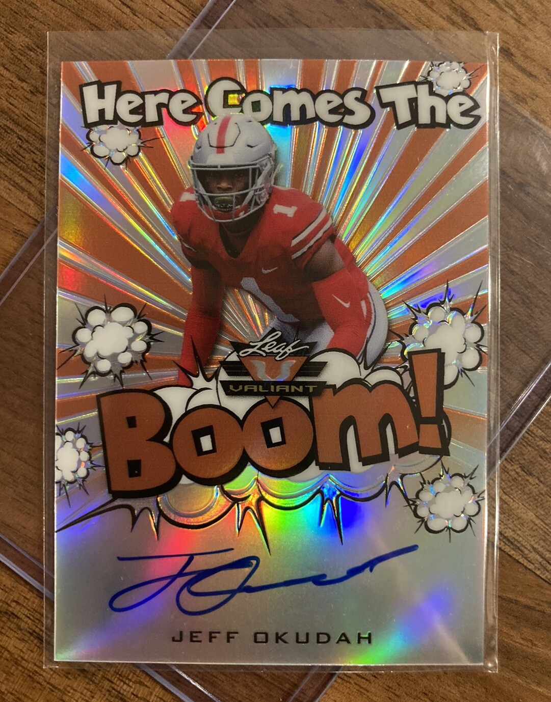 Jeff Okudah Leaf Valiant Here Comes the Boom! Autographs #JO1 Base