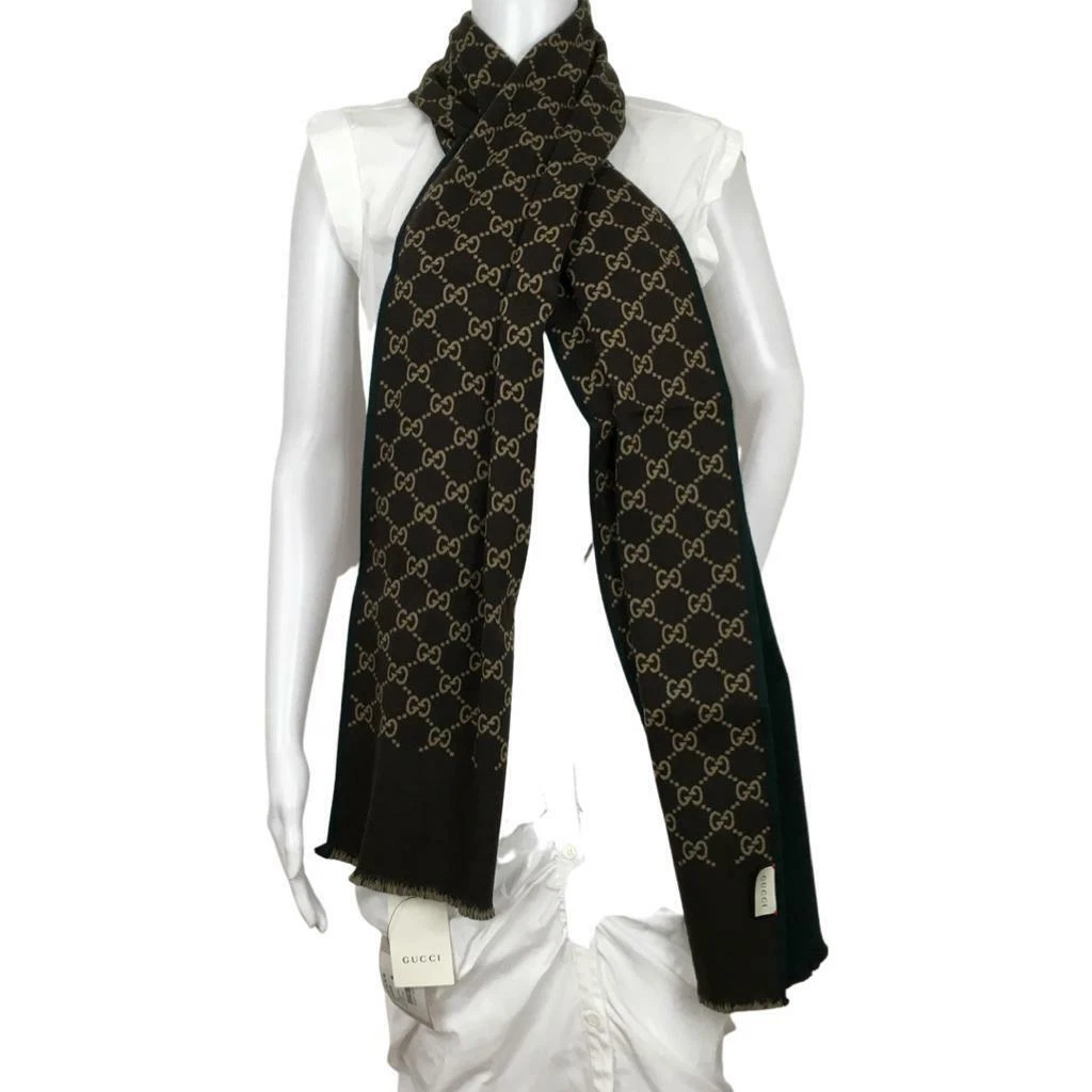 Foulard femme Gucci double face vert autre côté marron beige monogramme GG DM12