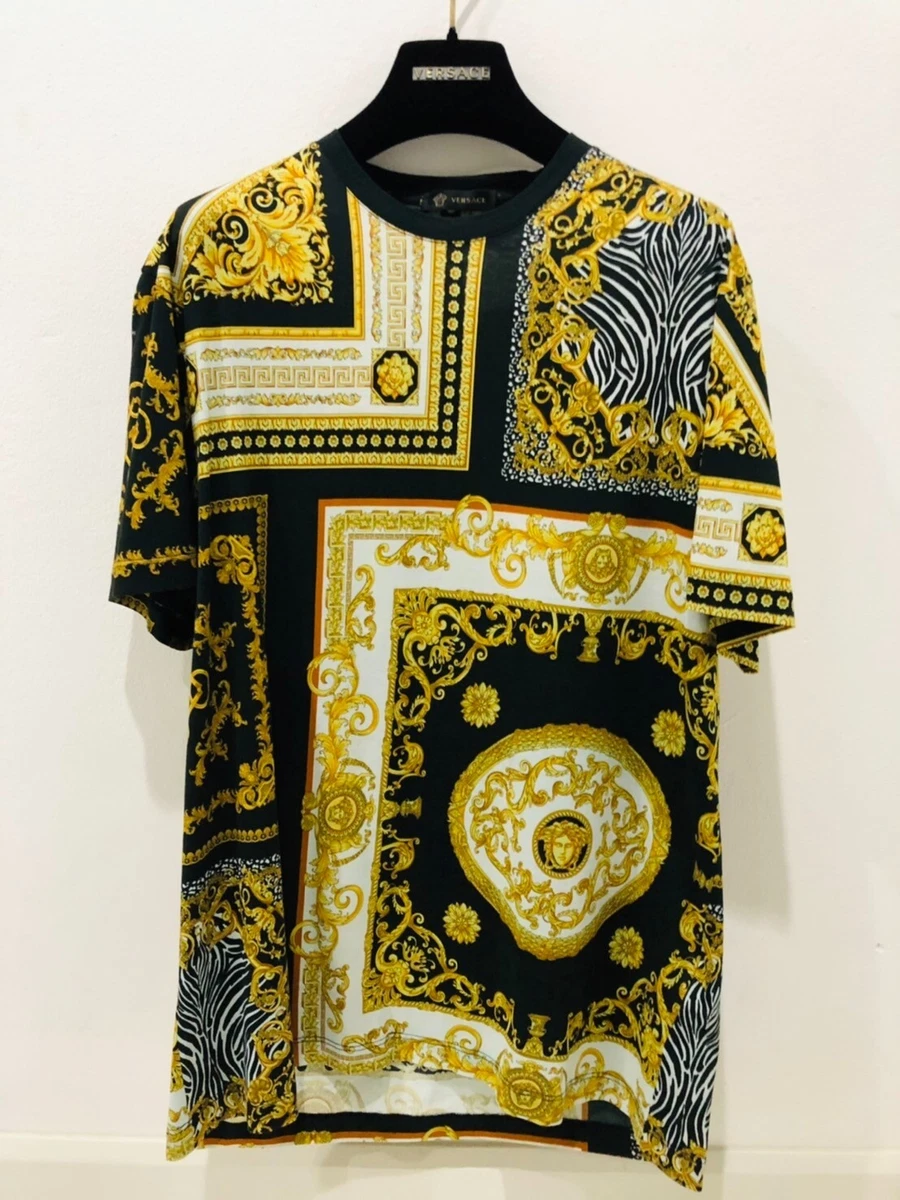 Versace Men Baroque Pattern T shirt S Size Barocco Black Gold Medusa