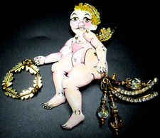 LUNCH AT THE RITZ Angel Face Cherub Enamel Crystal Pin Broch