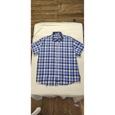 English Laundry Mens Blue Gingham Plaid Linen Blend Short Sleeve Shirt XL