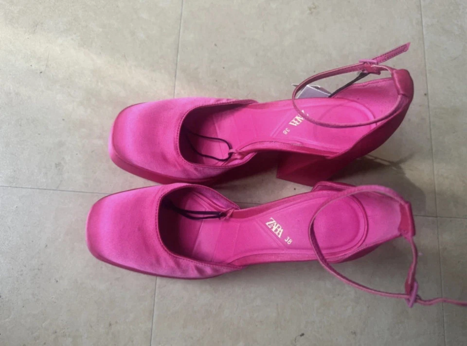 ZARA Escarpins femme rose fuchsia plateforme bride cheville EU 38 bout carré - Photo 2/4