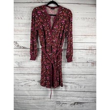 Talbots Dress Women's Petite Small Burgundy Floral Long Sleeve Belted Button Up