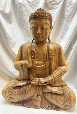 Handmade 20'' Suar Buddha Statue Large Hand Carved Wooden Meditating Bali